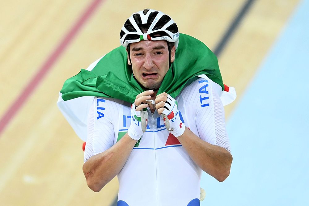 Elia Viviani (Italy) in tears after winning gold in the Omnium at the Olympic Games in Rio
