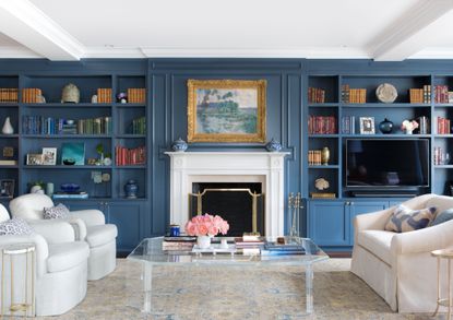 blue living room with lots of light and a TV placed in a bookcase