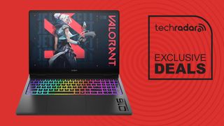 OMEN MAX 16 inch Gaming Laptop PC with Valorant on the screen on red background with TechRadar exclusive deals text
