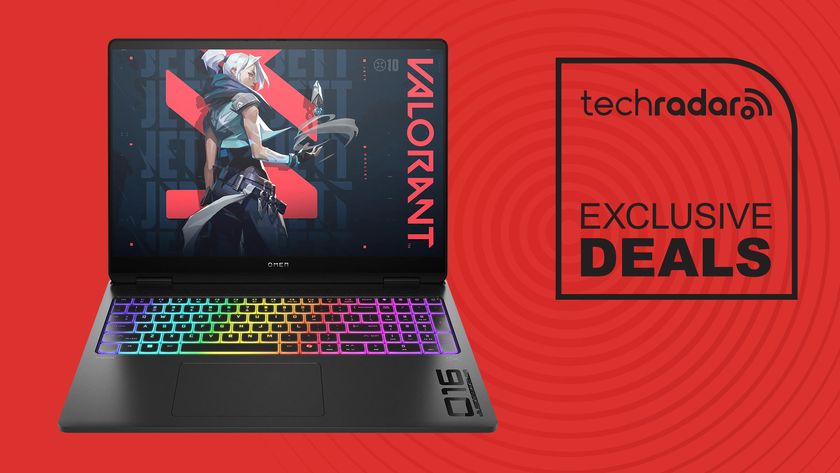 OMEN MAX 16 inch Gaming Laptop PC with Valorant on the screen on red background with TechRadar exclusive deals text