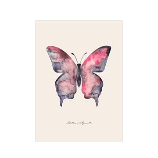 A cream wall art print with a watercolor pink and purple butterfly illustration on it