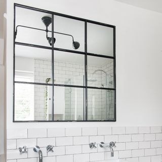 A bathroom with a grid mirror