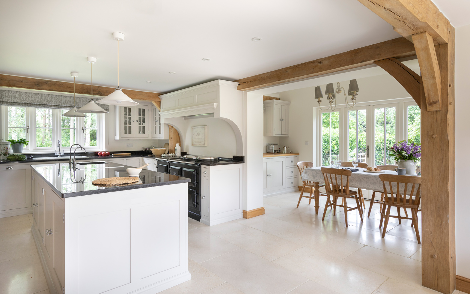 open plan kitchen in a traditional oak frame space