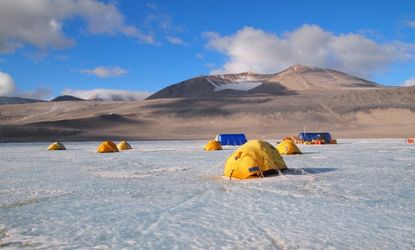 Researchers set up camp on the icy surface of Lake Vida in Antarctica.