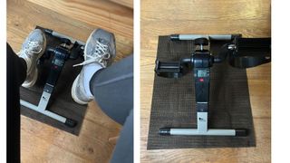 Grace Walsh using under-desk bike with LED screen wearing trainers and workout leggings, next to product under desk