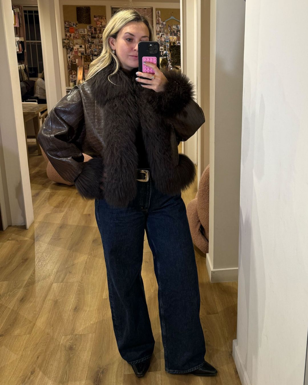 clementina jackson tries on a brown fur-trim charlotte simone coat