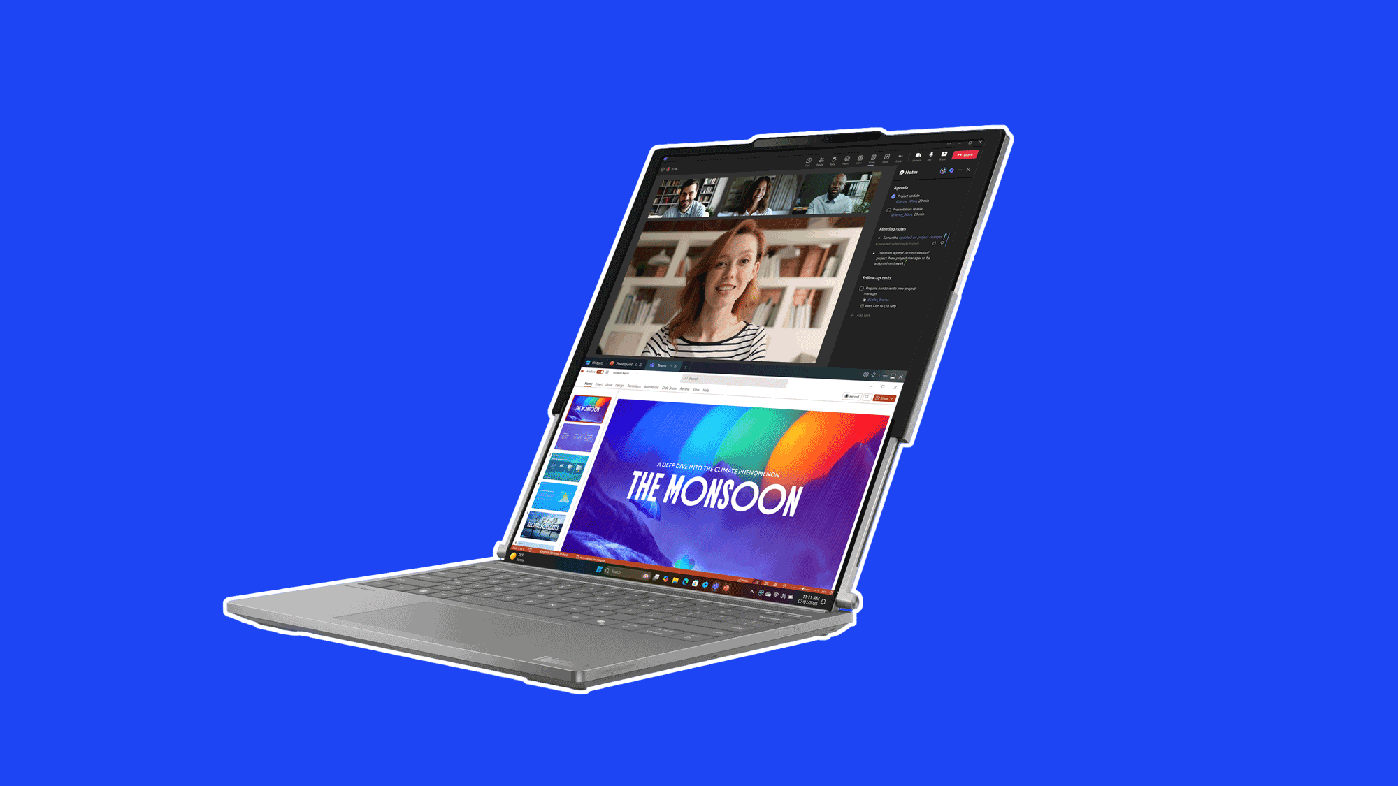 The ThinkBook Plus Gen 6 Rollable floating on a blue background