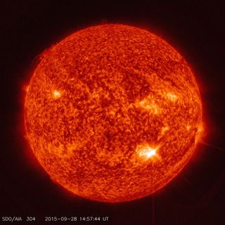 An M7-class solar flare Monday (Sept. 28) burst from an active sunspot and caused radio blackouts over South America and the Atlantic Ocean. The sunspot responsible, Active Region R2422, is visible in the lower right of this image, taken by NASA's Solar Dynamics Observatory spacecraft.