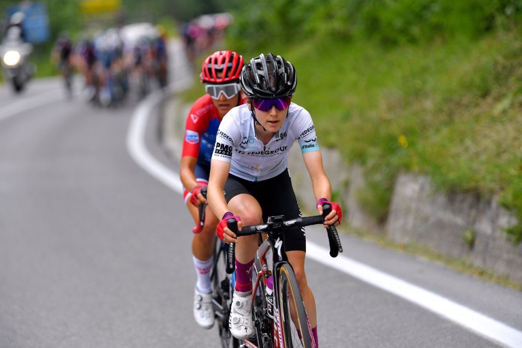 PRATO NEVOSO ITALY JULY 03 Niamh FisherBlack of New Zealand and Team SD Worx White Best Young Rider Jersey during the 32nd Giro dItalia Internazionale Femminile 2021 Stage 2 a 1001km stage from Boves to Prato Nevoso Colle del Prel 1607m GiroDonne UCIWWT on July 03 2021 in Prato Nevoso Italy Photo by Luc ClaessenGetty Images