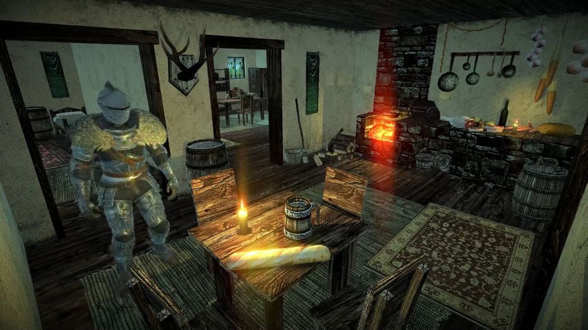 Knight standing in the middle of a cottage living room