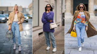 Three women wearing boyfriend jeans showing how to style boyfriend jeans with a sweater