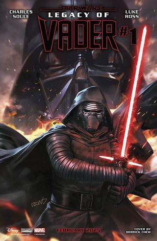 Comic book cover of Star Wars: Legacy of Vader issue 1. Surrounded by flames, Kylo Ren is striding forward wielding his t-shaped red lightsaber. He is completed dressed in black and is wearing a full face-helmet metal mask. Looking in the background is the large head of Darth Vader, a dark and menacing helmet.