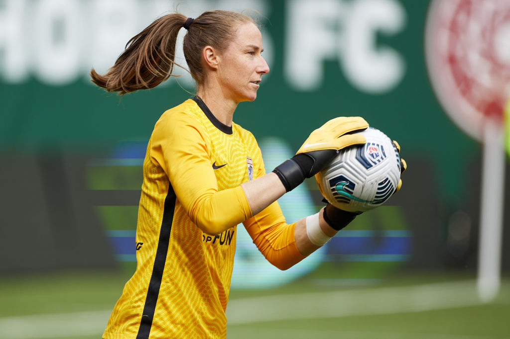 Karen Bardsley #1 of the OL Reign makes a save during a game between OL Reign and Portland Thorns FC at Providence Park on May 23, 2021 in Portland, Oregon.