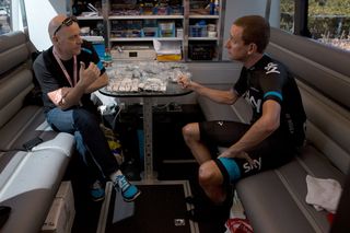 Team Sky's Dave Brailsford and Bradley Wiggins in the team bus at the 2013 Giro d'Italia