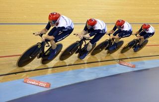 Great Britain's Edward Clancy, Geraint Thomas, Steven Burke and Peter Kennaugh compete during the London 2012 Olympic Games men's team pursuit