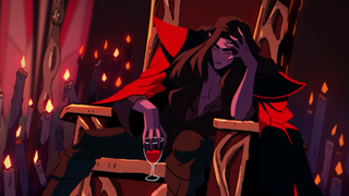 A vampire swirls a glass of red wine, or blood, in a dimly lit throne room