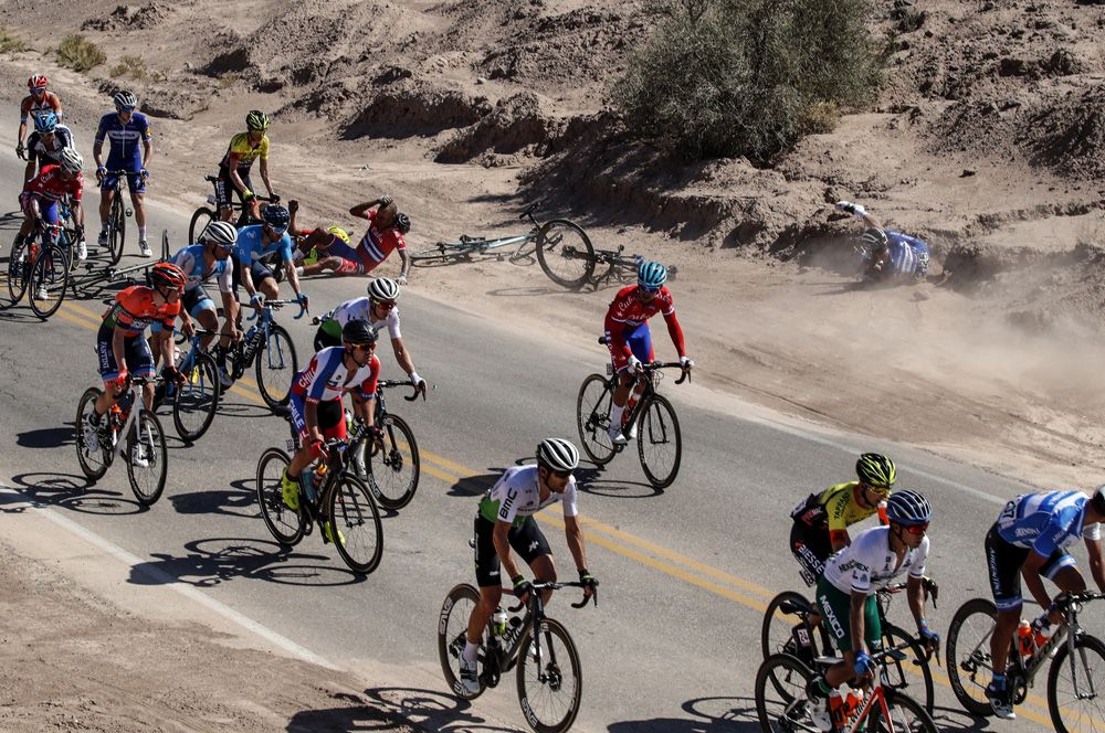 A crash saw several riders go down hard