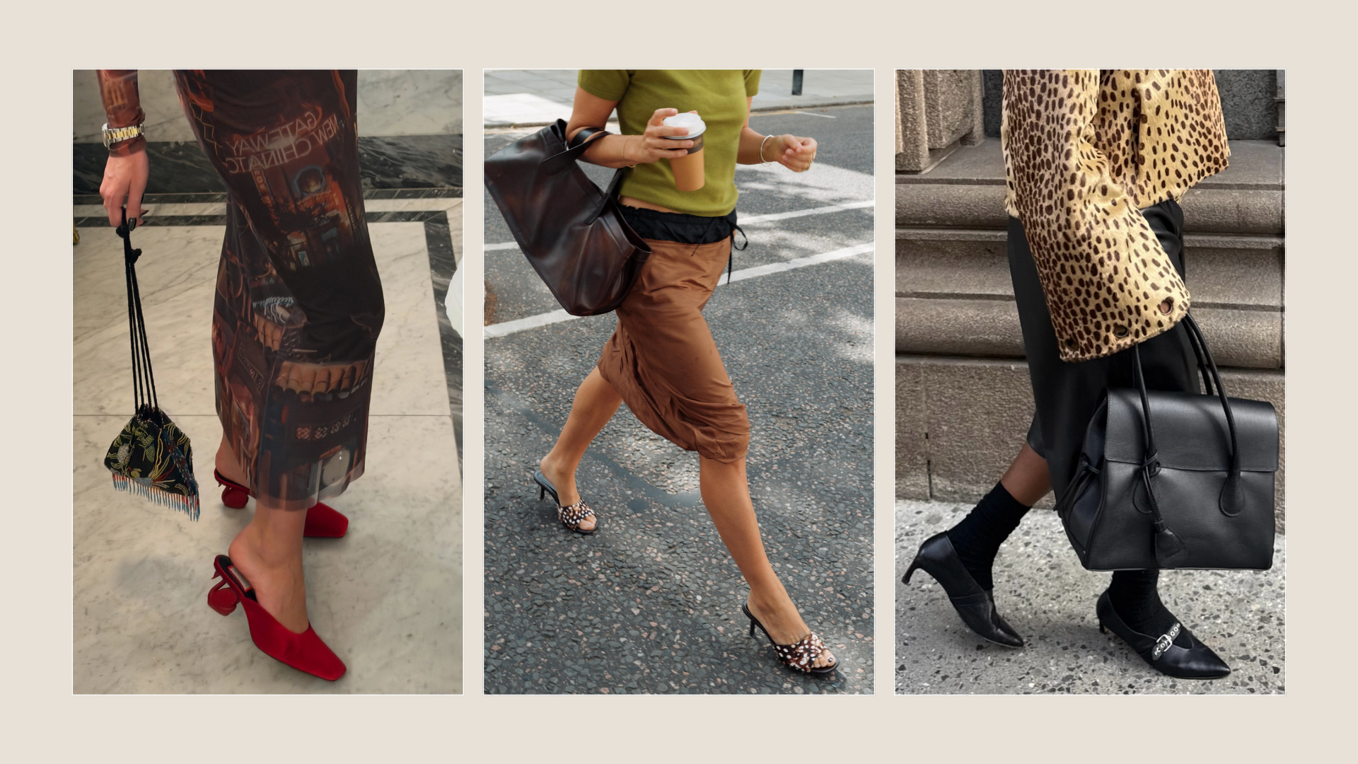 Three influencers wearing heeled autumn shoe trends including artistic heels, Dalmatian print heels and buckle heels