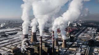 Aerial view of coal fired power station in winter.