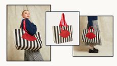 a model holding lulu guinness striped tote bag 