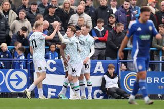 ASHTON UNDER LYNE, ENGLAND - NOVEMBER 03: Stephen Quinn of Mansfield Town celebrates scoring his teams second goal during the Emirates FA Cup First Round match between Curzon Ashton and Mansfield Town at Tameside Stadium on November 03, 2024 in Ashton under Lyne, England. (Photo by Jan Kruger/Getty Images)