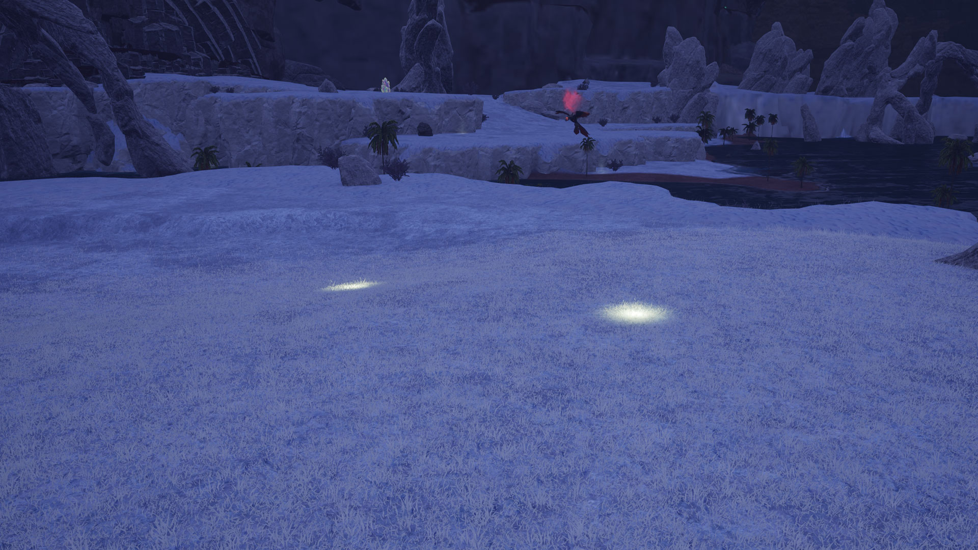 Palworld - Nightstar Sand glowing at night in Feybreak Isle.