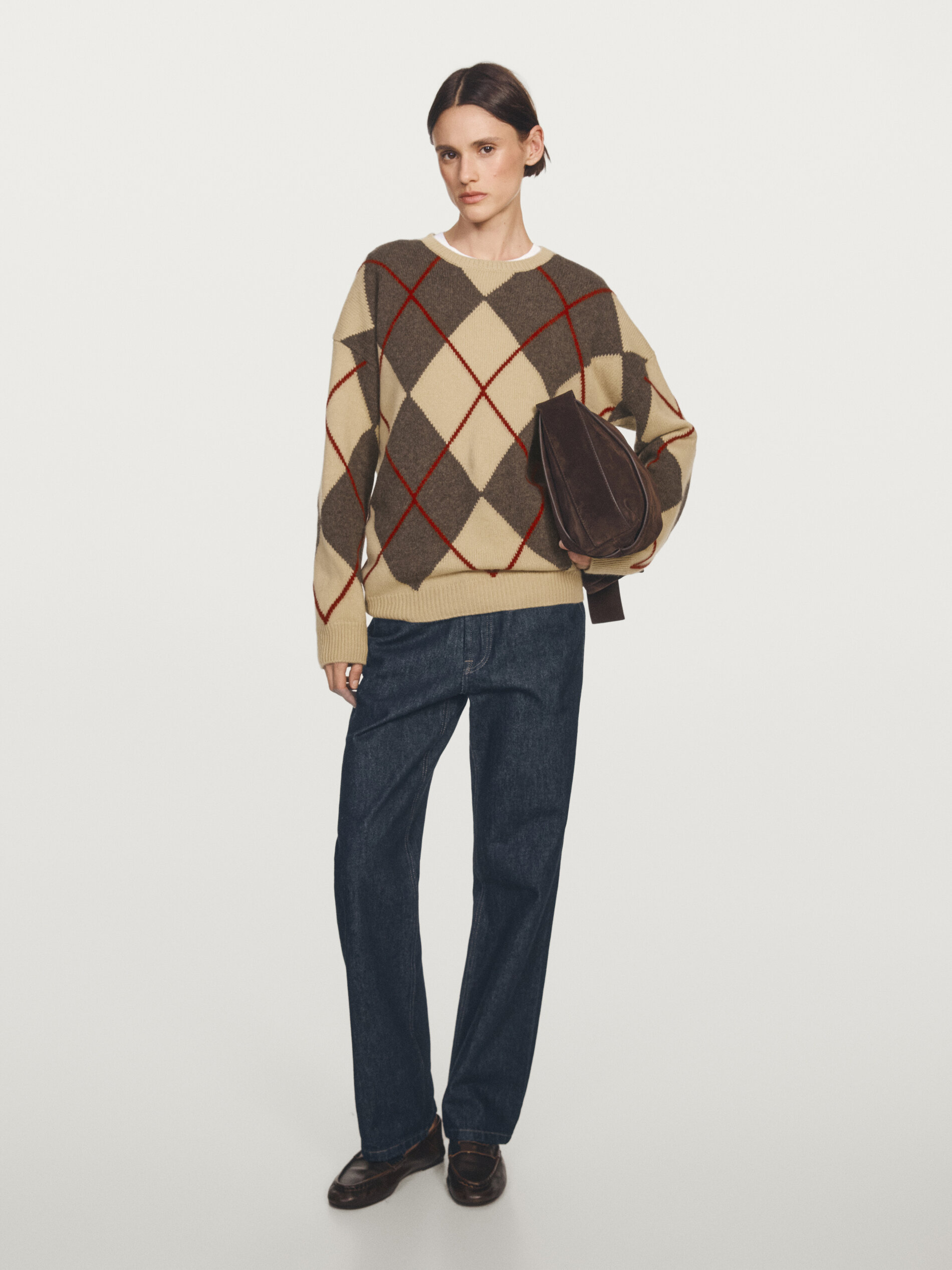 Knit Wool Blend Sweater With Argyle Detail