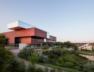 Red and white rectangular abstract shaped building