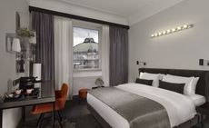 Park Plaza bedroom with grey, black and white interior