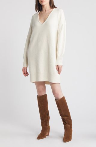 Cotton Blend V-Neck Sweater Dress