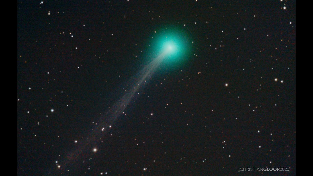 Photographer Christian Gloor captured this 5-minute exposure of Comet SWAN on May 1, 2020, using a Celestron 5SE telescope on an AVX mount with a a ZWO ASI295MC Pro astrophotography camera.