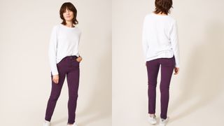 composite of model wearing white stuff amelia skinny jeans in dark plum