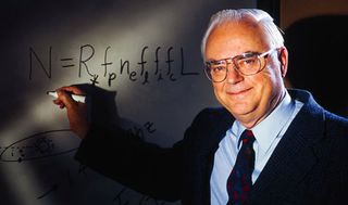 Frank Drake with cosmic equation to gauge the presence of intelligent life in the cosmos. The Drake Equation identifies specific factors believed to play a role in the development of civilizations in our galaxy.