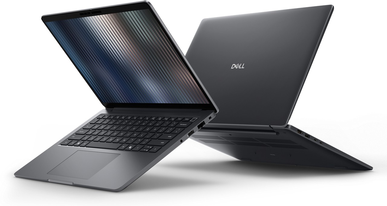 Two Dell Pro laptops at an angle; one is open, showing a keyboard and a screen with vertical lines, while the other is closed with the "Dell" logo visible.