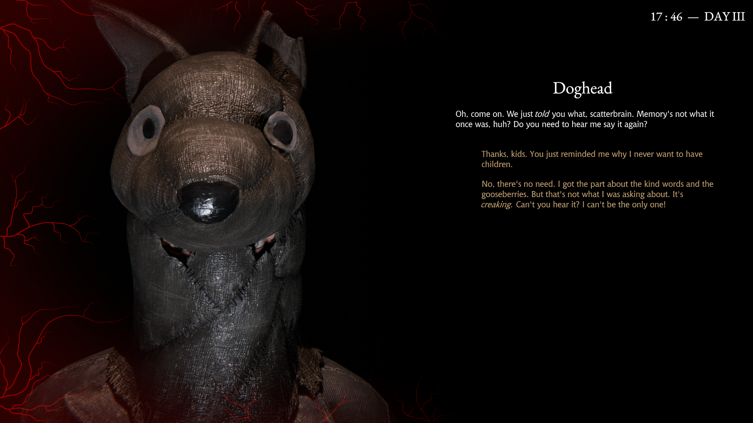لقطة شاشة من Pathologic 3: التحدث إلى شخصية تدعى Doghead