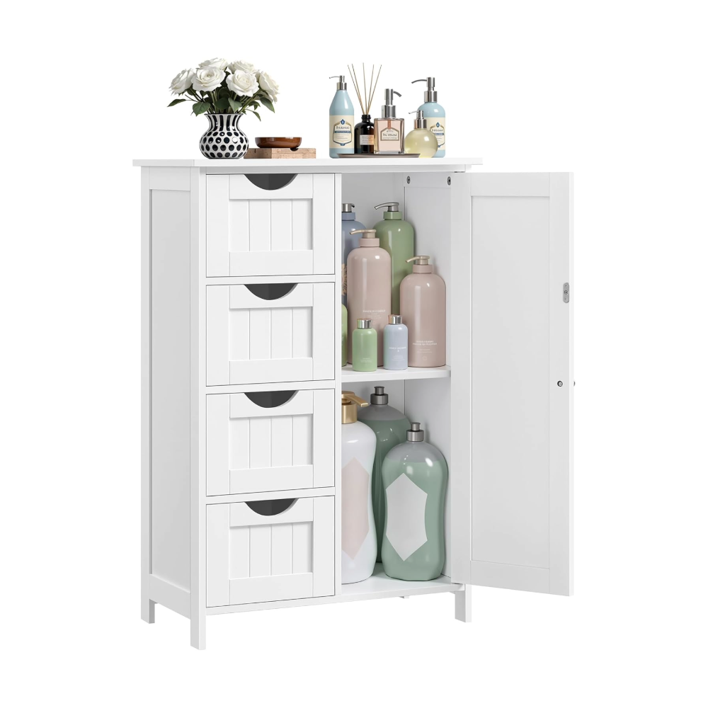 VASAGLE Bathroom Floor Storage Cabinet with products inside and on the top