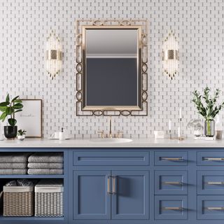 blue bathroom vanity unit with lights either side of mirror