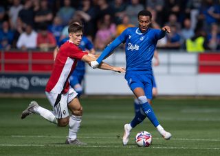 Everton squad for 2024/25 SALFORD, ENGLAND - JULY 27: Yousef Chermiti of Everton and Stephan Negru of Salford City in action during the pre-season friendly between Salford City and Everton at the Peninsula Stadium on July 27, 2024 in Salford, England. (Photo by Visionhaus/Getty Images)