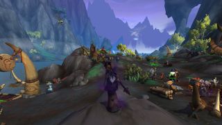 WoW Crystal Fork - a shadow priest looks across Morqut Village in The Forbidden Reach