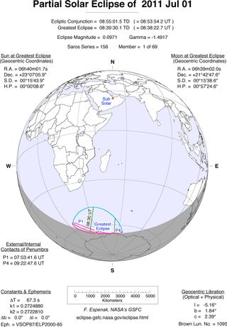 This NASA graphic depicts the path of the partial solar eclipse of July 1, 2011, which will peak over an uninhabited region off the coast of Antarctica.