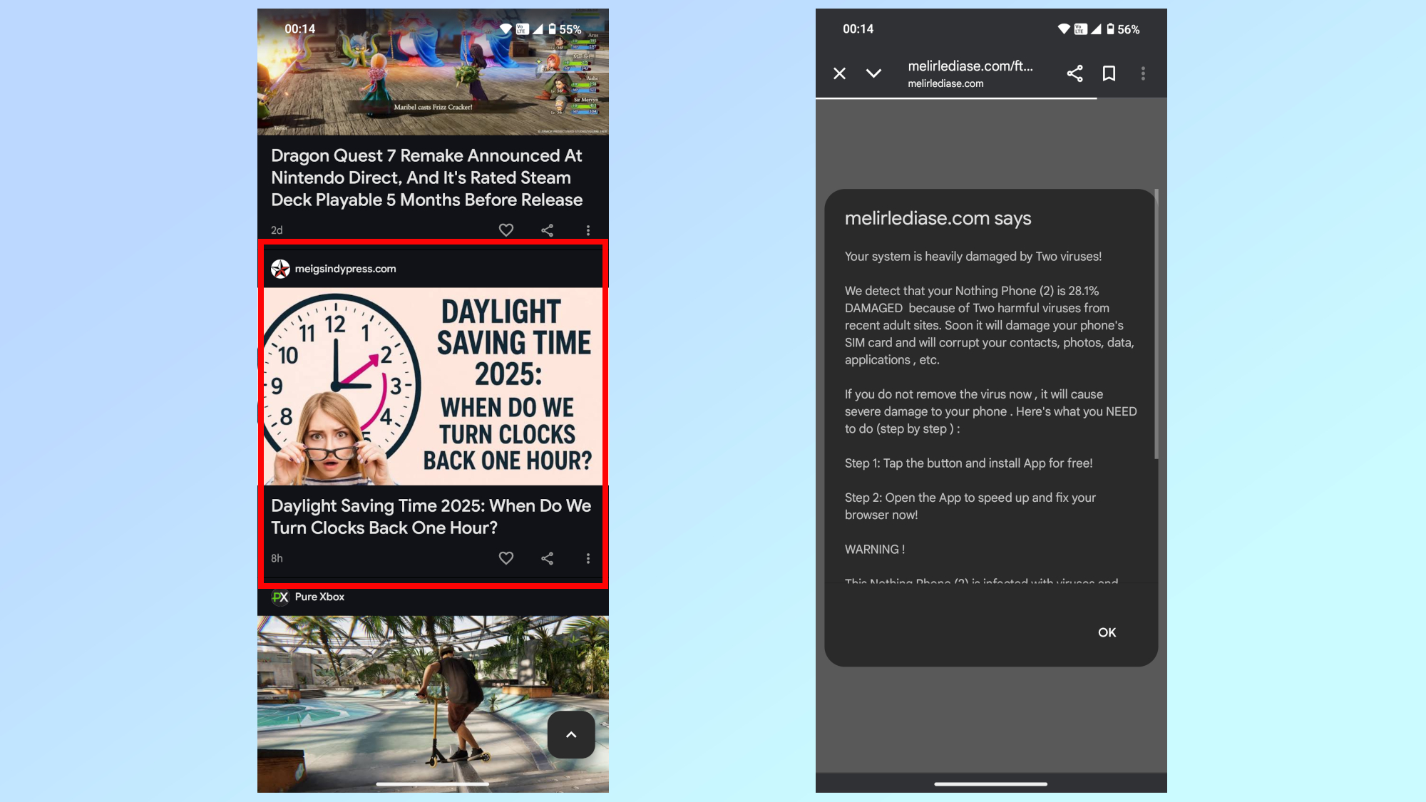 A screenshot showing a fake news story that led to a malicious pop-up on an Android phone