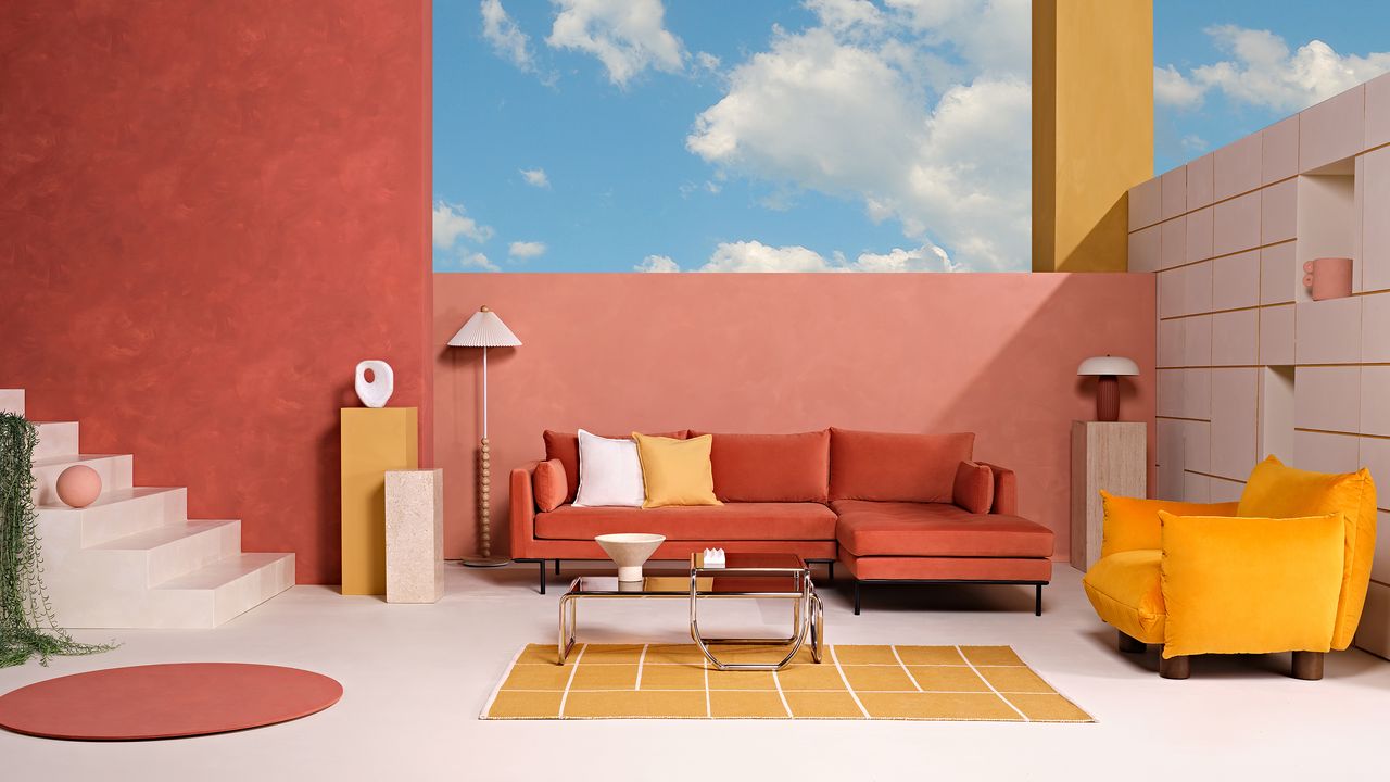 Coral set with red sofa and orange armchair