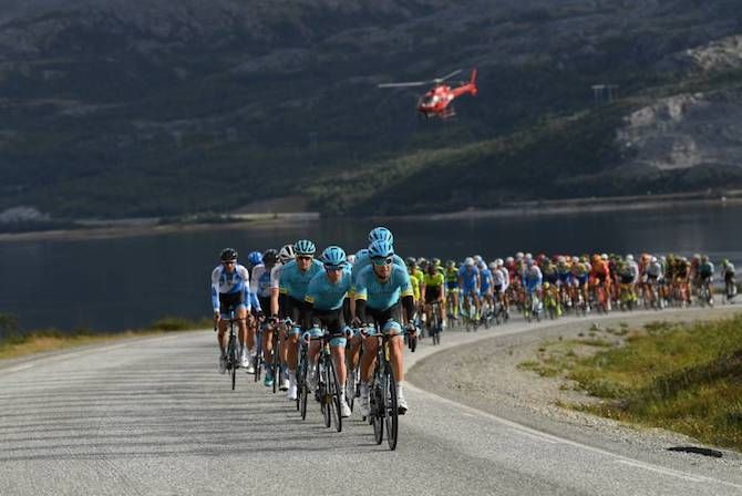 Astana lead the bunch on stage 3 of the 2018 Arctic Tour of Norway