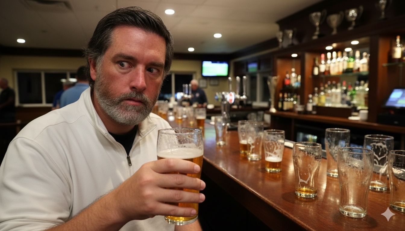 Joe Ferguson with a pint and several empty pints on the bar behind him before a professional event