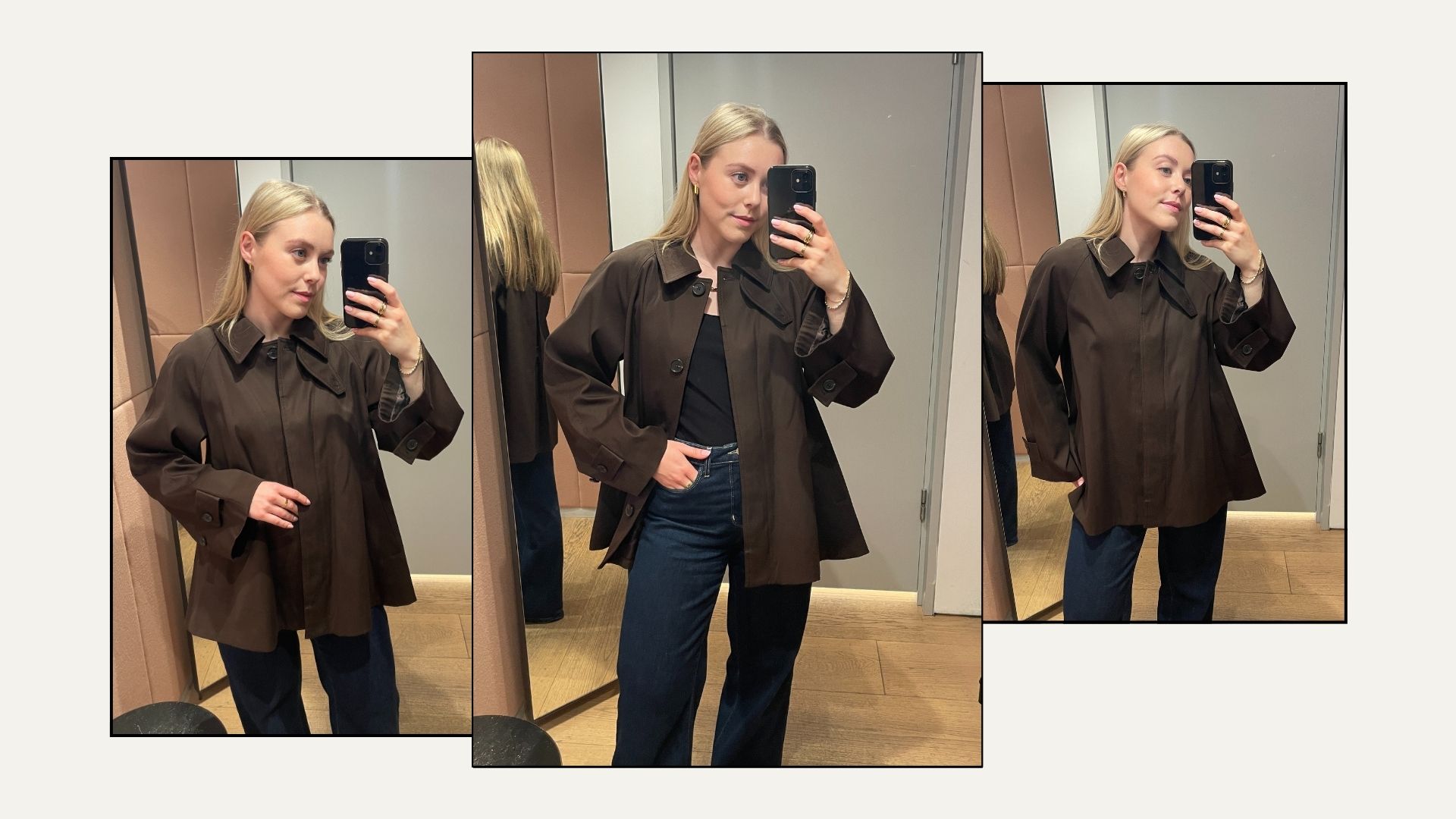 Woman wears brown trench coat jacket from COS