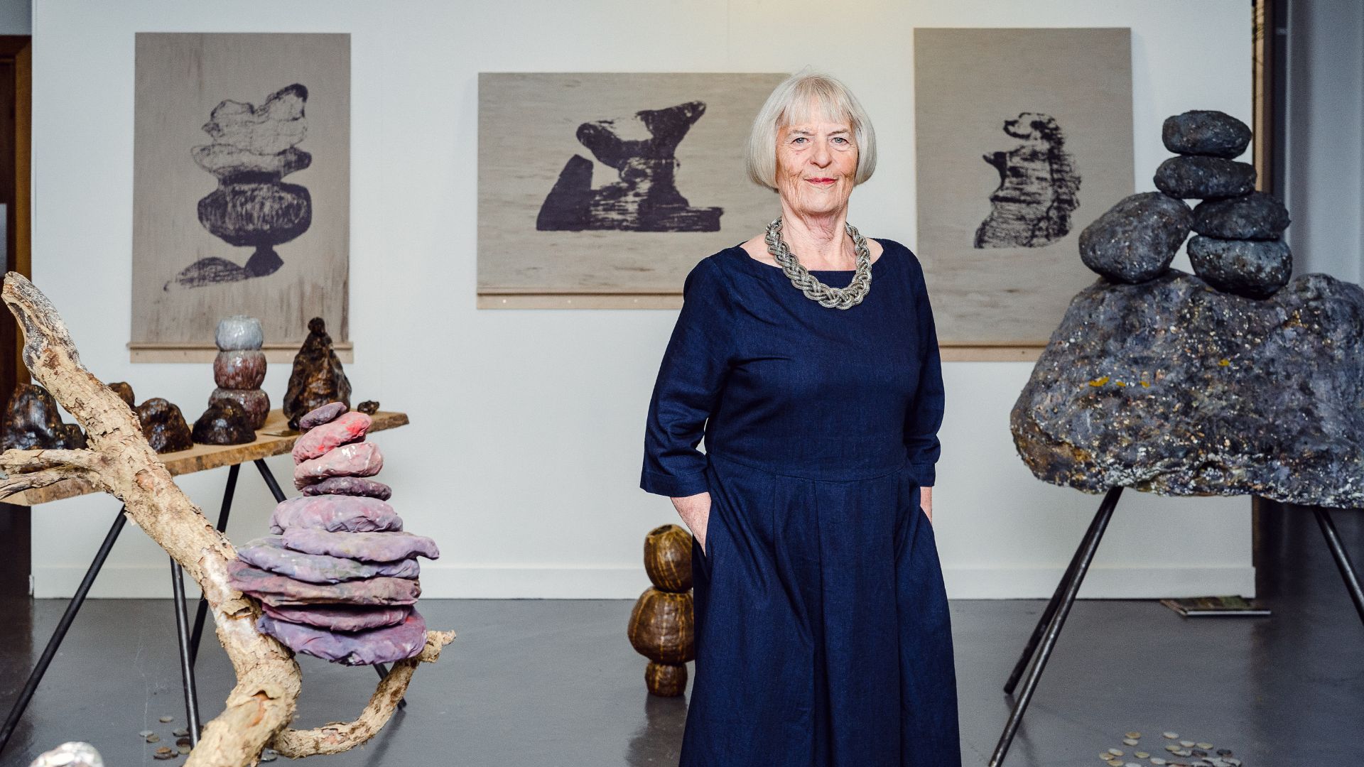 Fine Art Masters student Judith Potter, aged 79, surrounded by her sculptures