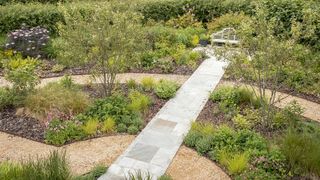 Large garden beds and pathways in a defined garden space