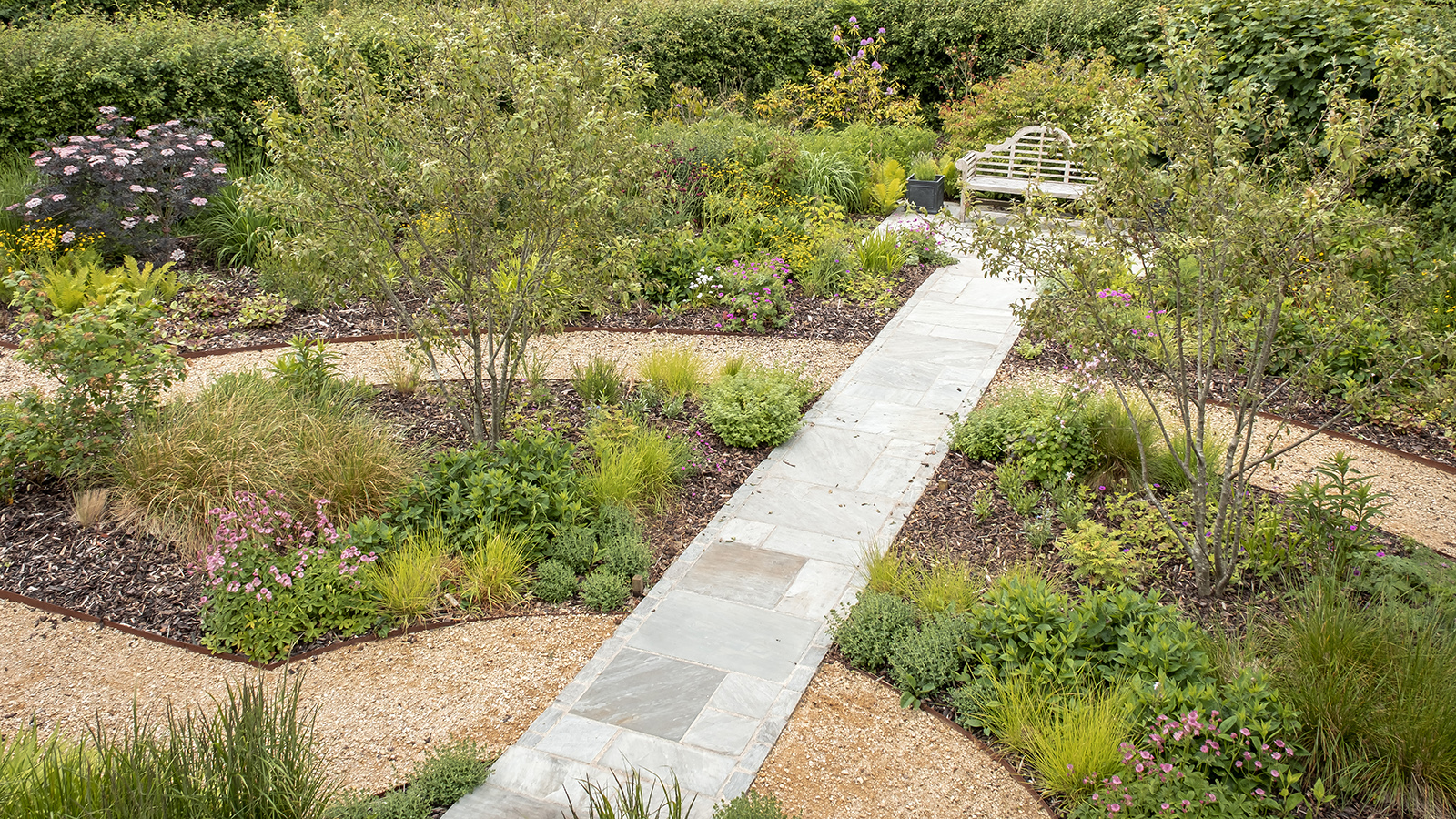 Large garden beds and pathways in a defined garden space 