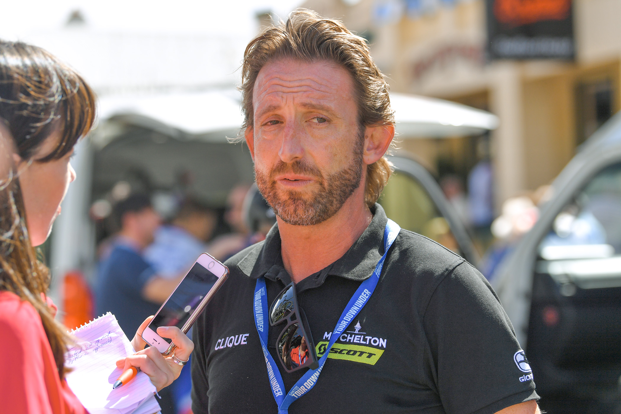 STIRLING, AUSTRALIA - JANUARY 22: Start / Matthew White of Australia Sports Director Mitchelton - Scott / Interview / Woodside City / during the 22nd Santos Tour Down Under 2020, Stage 2 a 135,5km stage from Woodside to Stirling 422m / TDU / @tourdownunder / #UCIWT / on January 22, 2020 in Stirling, Australia. (Photo by Tim de Waele/Getty Images)