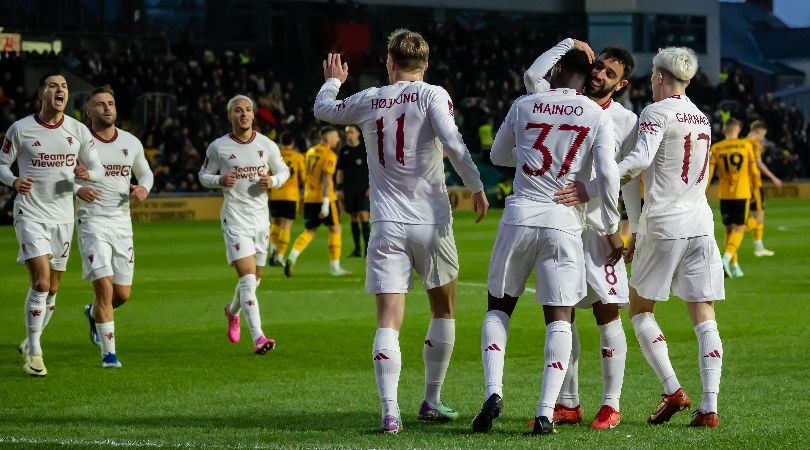 Manchester United players celebrate a goal against Newport County in the FA Cup in January 2024.